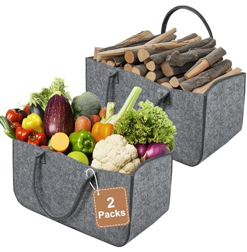 Kuro sagol Filztasche Groß Set aus 2 langlebigen Filzkorb Filztaschen ideal für Holzkorb Kaminholzkorb Einkaufstasche vielseitig, 30L Vol. (grau)