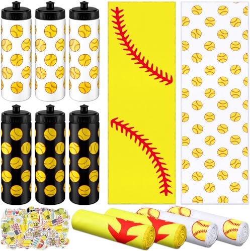 FuWeave 12-teiliges Softball-Wasserflaschen-Kühlhandtuch-Set mit 50 Aufklebern, Sport-Partyzubehör, inklusive 6 wiederverwendbaren Sport-Wasserflaschen, 6 Eishandtüchern, atmungsaktiv, schnell