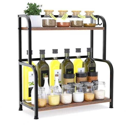 FEXPLENDID Especieros para Cocina & Especias Organizador | 43x40x18cm, en Metal y Madera | Estanteria Cocina & Estante Escritorio para Hogar y Oficina(SW-2-capas)