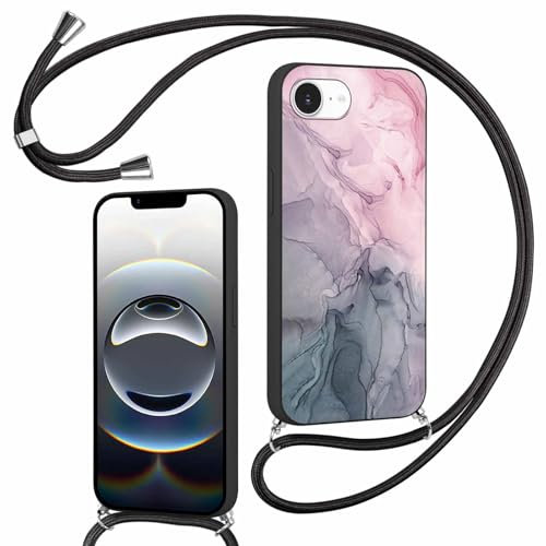 Foonary Handyband Hülle mit Band für iPhone 16e/SE 4/SE 2025 6,1 Handyhülle, Aesthetic Design Kette Necklace Case mit Kordel zum Umhängen Silikon Bumper Cover Schnur für iPhone SE4, Marmor 4