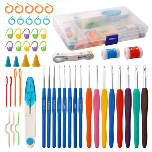 53-teiliges Häkelnadel-Set, bunte Stricknadeln mit ergonomischen, weichen Gummigriffen, Häkelsets für Anfänger und Erwachsene