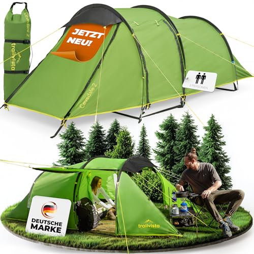 trailvista® Cevedale Zelt für 2 oder 4 Personen – wasserdichtes Tunnelzelt mit Vorzelt & Insektenschutz – leicht, kompakt & schnell aufbaubar – ideal für Trekking, Festival, Familie & Angeln