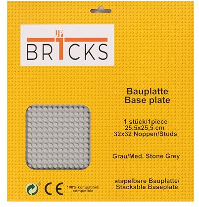 JP BR1CKS Bauplatte, 32x32 (25,5 x 25,5 cm), 1 Klemmbausteinplatte, Kompatibel mit allen führenden Marken, beidseitig bebaubar, Platte (grau)