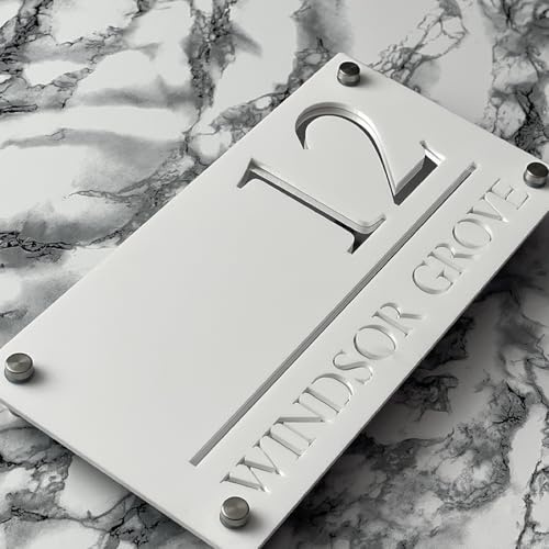 House Numbers Plaques Door Signs For Outside Personalised Door Numbers Custom Name Sign Home 3D Door Street Address Plate (White and Silver Text)