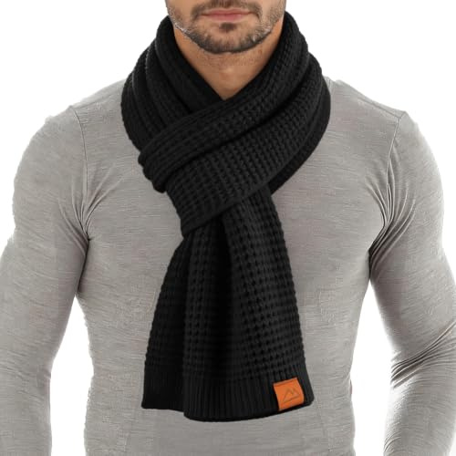 Loowoko Schal Herren Damen winter, Klassische waffel strickschal, Langschal mit Echt-Leder Veredelung, Geschenk für Mann und Vater