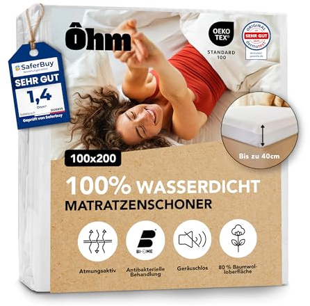 Ôhm Matratzenschoner Wasserdicht 100x200 cm Baumwolle Allergiker Oeko-Tex | Wasserdicht, geräuscharme TPU-Schicht, 80% Baumwolle hypoallergen, Steghöhe 40 cm, umlaufender Gummizug, waschbar 60°C