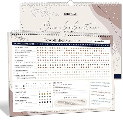 BIROYAL Habit Tracker Kalender für 12 Monate - Gewohnheitstracker Undatierter - Wandkalender mit 12 Gewohnheiten - 286x218mm -Tracke tägliche, wöchentliche & monatliche Gewohnheiten