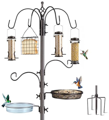 NestShld Bird Feeding Station Kit, 94 Inch Metal Birds Feeder Stand Pole with 6-Hook, Bird Bath and Mesh Tray, 5-Prong Base