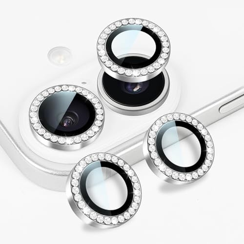 DiyGody Camera Lens Protector Compatible for iPhone 17, Glitter Diamond 9H HD Clear Tempered Glass Anti-scratch, Bling Phone Lens Protective Cover for iPhone 17/16/16 Plus - Silver