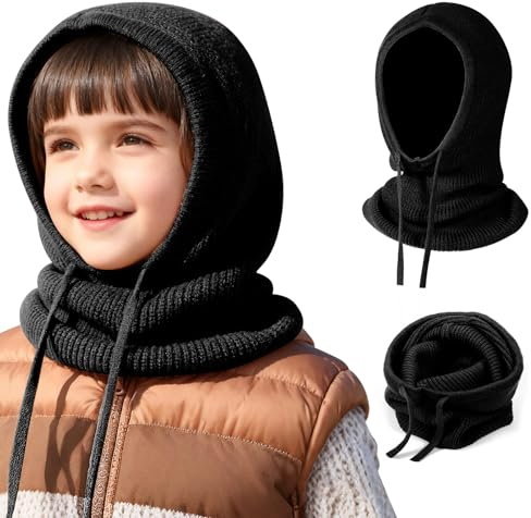 TAGVO Enfants Cagoule 2 en 1 avec Écharpe à Capuche, Coupe-Vent Balaclava Tricoté Écharpe Pull-Over Douce d'hiver, Bonnet et Écharpe en Une Pièce Chaud Chapeau Protège-Cou pour Filles Garçon 4-12 Ans
