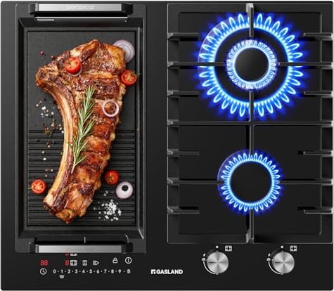 GASLAND GIH604BF Plaque mixte gaz et induction 60 cm, Gaz 5200 W avec brûleur wok, Induction 3500 W avec fonction BBQ, Gaz naturel/GPL, Verre noir encastrable (Sans poêle)