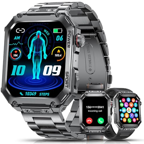ESFOE Militär Smartwatch Herren-1.96'' Großes Smart Watch mit Metallarmband,Smartwatch für Herren mit 3 Bänder 400mAh 100+ Sportmodi,5ATM Wasserdicht Fitnessuhr mit Telefonfunktion Metallic-Schwarz