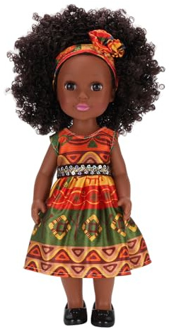 Vvikizy 14-Zoll-Puppe in Schwarz, Niedliches Kleid, Wechselbare Kleidung, Afro-Frisur, Modepuppe für Mädchen, mit Haarband, Sichere Multikulturelle Darstellung aus Weichem Kunststoff