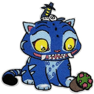 4'' Cute Blue Tiger Playing with the Potted Plant Embroidered Iron On Patch for Hoodies T-Shirts