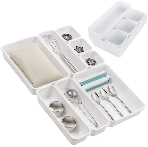 PARENCE - Organisateur de Couverts Modulable XXL – Set de 8 Bacs de Rangement pour Tiroirs – Séparateurs Ajustables en Plastique – Idéal Cuisine, Ustensiles – Empilable Personnalisable