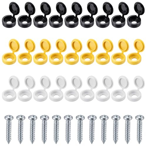 TIESOME 96 Pcs Number Plate Screw Caps, License Plate Fixing Kit | Includes 24 Black, White, Yellow & Self Tapping Screws, Universal Car License Plates Fasteners, Anti-Loosening Caps