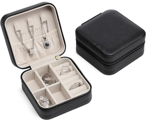 VLANDO Schmuckkästchen Reise, Schmuckaufbewahrung Klein,Geschenk für Damen | Urlaub Must Haves, Travel Essentials, Für Halsketten, Ringe, Kompakt Leicht,Weiches Samtfutter, Schwarz