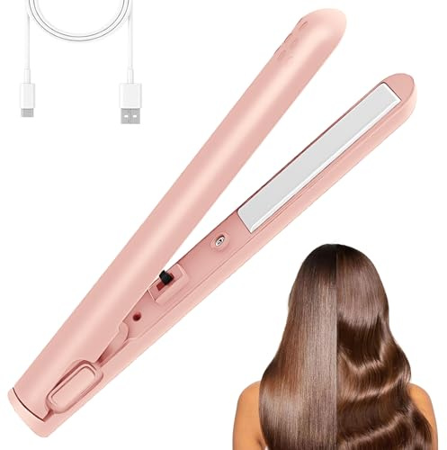 2-in-1 Mini Curling Iron & Straightener, Portable Dual Purpose Curling & Flat, USB Plug-in Small Ceramic Iron for All Hair Types (Pink)