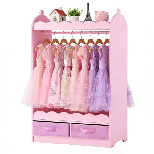 VEVOR Kids Dress Up Storage, with Mirror, Toddler Costume Wardrobe with Drawer, Dress Up Wardrobe Closet for Little Girls, Pretend Storage Dresser, Costume Organizer, for Bedroom, Kids Room, Pink