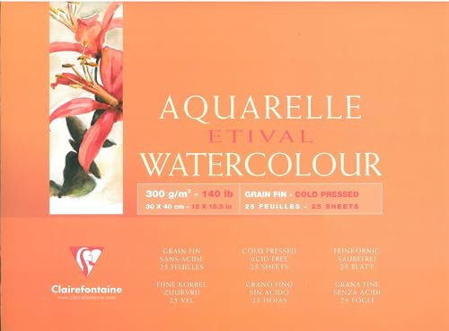 Clairefontaine 96472C Aquarellblock Etival (4-seitig verleimt, 25 Blatt, 300g, für alle Nasstechniken geeignet, feinkörnig, 100% Zellulose, 30 x 40 cm) weiß