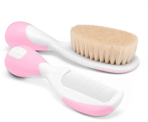 Chicco Set Baby-Haarbürste und Kamm, Babybürste mit weichen Naturborsten, Kamm mit abgerundeten Spitzen, rutschfester Griff, Baby Party Geschenk - Neugeborenenbedarf ab 0 Monaten
