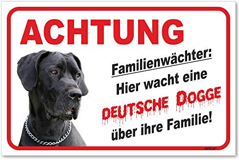 AdriLeo Schild - Vorsicht Deutsche Dogge - Familienwächter - (20x30cm) / Graues Fell Achtung Hund Wachhund Deutscher Hund robust langlebig UV-beständig wetterfestes Warnschild