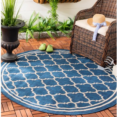 SAFAVIEH Washable Rug Outdoor Courtyard Collection - 5'3 Round, Navy & Beige, Non-Shedding & Easy Cleaning, Ideal for Patio, Backyard, Mudroom (CY6918-268)