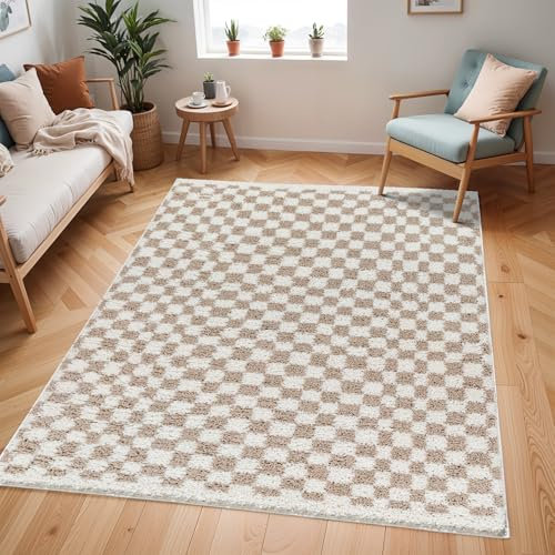 Livabliss Burgas Shaggy Rug - Modern Berber Rugs Living Room, Large 160x213 cm, Soft Shaggy Rugs for Bedroom - Neutral Boho Fluffy Rug, Easy Care Plush Thick Pile - Ivory and Dark Beige