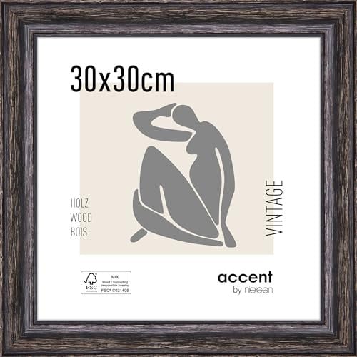 accent by nielsen Bilderrahmen, 30 x 30 cm, Holz, Schwarz, Rahmen zum Aufhängen im Hoch- & Querformat, Echtglas, Vintage