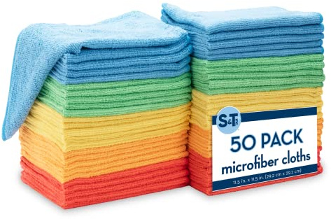 S&T INC. 50 Pack Microfiber Cleaning Cloth, Bulk Towels for Home, Reusable Microfiber Towels for Cars, Cleaning Rags, Assorted, 11.5 Inches x 11.5 Inches, 50 Count