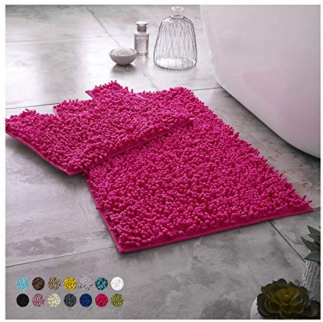 Lions Luxury 2 Piece Loop Bath Mats for Bathroom - Non Slip Chenille Bath Mat Set Rugs, Extra Soft with Water Absorbent Pedestal Bathmat Shower Toilet Mat, Fucshia