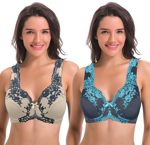 Curve Muse Women's Minimizer Unlined Underwire Bra with Lace Embroidery-2 Pack-Gray,Nude-44DDD (EU:100F)