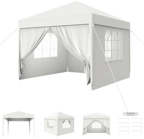AufuN Pavillon Wasserdicht 3x3 m Weiß Gartenpavillon mit 4 Seitenwände Polyethylen Bierzelt Tür mit Reisverschluss für Garten Party Hochzeit Picknick Markt
