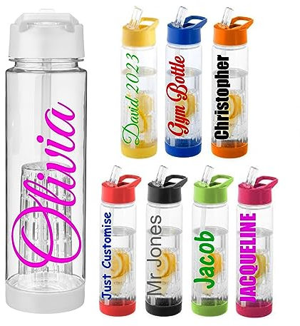JC Personalised Custom Water Drink Bottle with Flip Straw And Fruit Infuser - Any Name, Word, Business, Sports, School, Promotional Merchandise