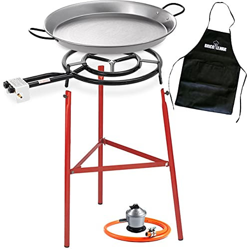 Bricolemar Set Paellero 500mm + Kit (Paellera 60cm + Patas Reforzadas para Paellero + Regulador de Gas + Manguera Homologada + Delantal Negro de Regalo