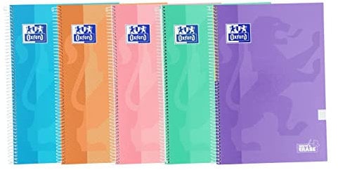 Oxford, A4-Notizbücher (Folio), kariert, 4 x 4, Deckel, 80 Blatt, Packung mit 5 Notizbüchern, pastellfarben
