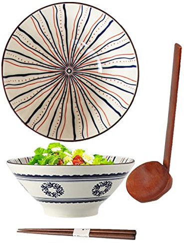 Ramen Bowls Set,Japanisch schussel Keramik,1100ml Ramen Schale,Soup Bowl japanese,Ramen Schüssel Keramik mit Löffel，Essstäbchen,Suppenschalen Porzellan,Salatschüsseln