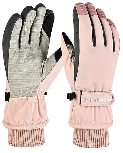 Handschuhe Damen Skihandschuhe Damen Touchscreen Winter Flauschige Thermo Wasserdicht Winddicht Fleece Warme Handschuhe Schnee Outdoor Sport Ski Snowboard Lauf Joggen Fahrrad MTB Motorrad (Rosa-2)