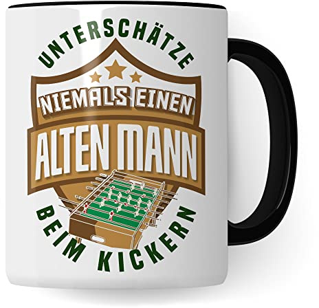 Tischkicker Tasse Geschenkidee Kicker Kaffeetasse Humor Witz Geschenk für alten Mann Kaffeebecher Opa Becher (Weiß & Schwarz)