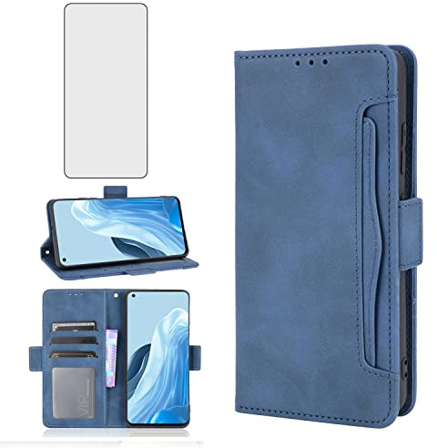 Asuwish Handyhülle für Oppo Find X5 Lite/Reno 7 5G Hülle mit Glas Folie Schutzfolie Kartenfach Klappbar Leder Geldbörse Ständer X 5 X5Lite/Reno7 CPH2371 Handy Hüllen Schutzhülle Phone Case Blau