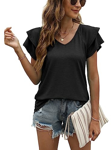 Tee Shirt Femme Ete avec Col en V Chemisiers et Blouses à Manches Courtes à Volants pour Femme Haut Top Femme Chic et Élégant (A-Noir,XL)