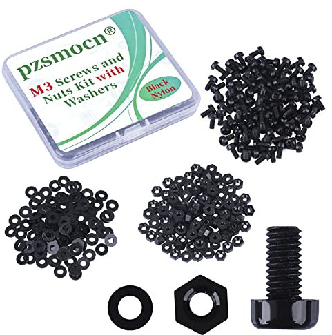 Pzsmocn 300 Stück/100 Sätze M3*6 mm Schwarzes Nylon Kunststoff Kreuzschlitz Rundkopfschrauben-Sechskantmuttern mit Isolierscheibe Standardgröße, für Heimwerker und Elektronische Montage.