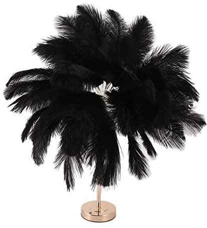 Fockety Feder-Tischlampe, Touch-Schalter, Dimmbare Moderne Straußenfeder-Lampe mit 3 Farbtemperatur und USB-Anschluss, Elegante Romantische Dekorative Nachttischlampe für Schlafzimmer (Schwarz)