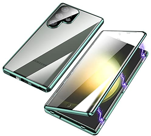 ksscaly Hülle für Samsung Galaxy S23 Ultra, 360 Grad Schutz Case mit Safty Lock Magnetische Adsorption Metallrahmen Cover Vorder und Rückseite Gehärtetes Glas Handyhülle für Samsung S23U (Grün)