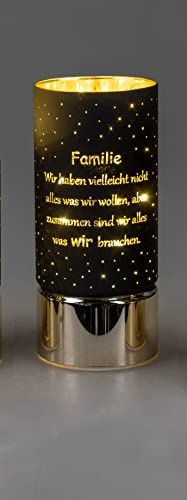 formano Frühlingsdekoration 1 Stück Deko-Licht 15cm mit Spruch und Timer-schwarz m. goldenen Sockel, Familie- wir haben vielleicht nicht alles..