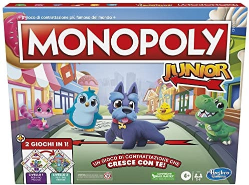 Hasbro Gaming Monopoly Junior, 2 Spiele in 1, Brettspiel mit Vorder- und Rückseite für 2-6 Spieler, Spiel für Kinder und Mädchen ab 4 Jahren