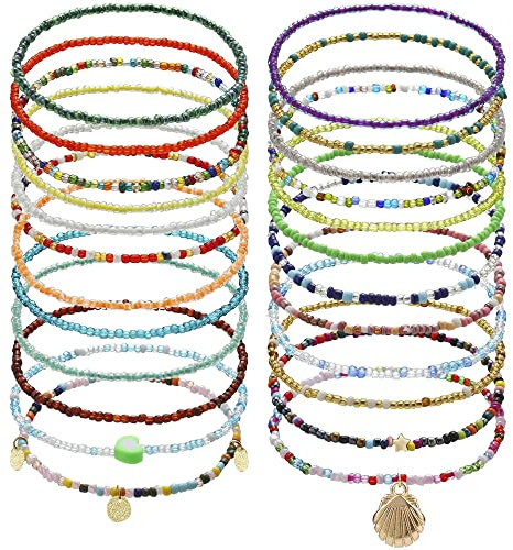 Lucktao 24 pcs bracelet de cheville perlé coloré, bracelet de cheville fait main,Plage Bracelets de cheville faits à la main Bijoux de pied réglables,pour Femmes Et Filles - Boho (bb)