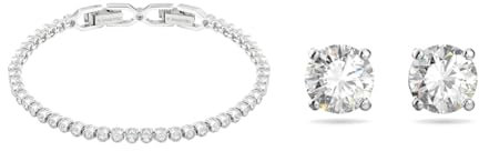 Swarovski Emily Armband, Rhodiniertes Damenarmband mit Strahlenden, Weißen Kristallen & Attract Ohrstecker, Rundschliff, Weiß, Rhodiniert
