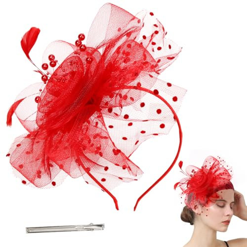 Damen Fascinator Hut Blume, Blume Mesh Federn Clip Kopfschmuck, Stirnband Clip mit Mesh Federn, Rot Fasching Karneval Haarschmuck, Tea Party Kopfbedeckung für Kirche Hochzeit Cocktail