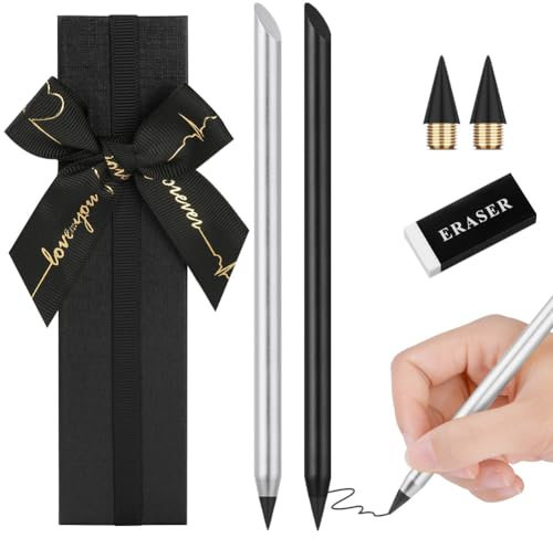AUAUY Metall Ewigkeitsstift, 2 Stück Tintenlose Bleistifte Ewig, Infinity Pencil mit 2 Austauschbarem 1 Radiergummi 1 Geschenkbox, Ewiger Bleistift Wechselkopf für Kinder und Erwachsene Bleistifte